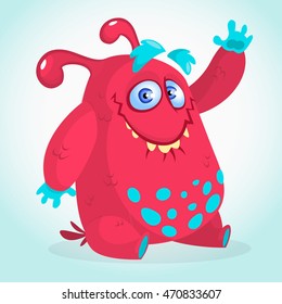 Happy cartoon monster. Halloween vector pink monster with blue dots waving. Vector isolated