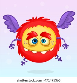 Happy cartoon monster. Halloween vector fluffy red monster