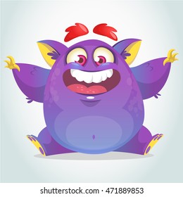 Happy cartoon monster. Halloween vector fat purple monster sitting