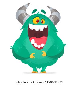 Happy cartoon monster. Laughing monster face emotion. Halloween vector illustration