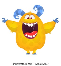 Happy cartoon monster. Laughing monster face emotion. Halloween vector illustration