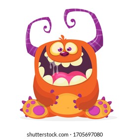 Happy cartoon monster. Laughing monster face emotion. Halloween vector illustration