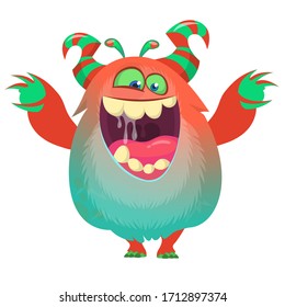 Happy cartoon monster. Laughing monster face emotion. Halloween vector illustration