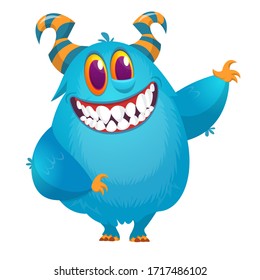 Happy cartoon monster. Laughing monster face emotion. Halloween vector illustration