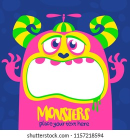 Happy cartoon monster. Laughting monster face emotion. Halloween vector illustration