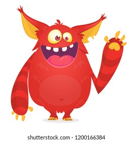 Happy cartoon monster mascot. Halloween vector red alien waving