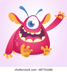 Happy cartoon monster mascot. Halloween vector pink alien with one eye waving