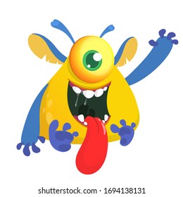 Happy cartoon monster with one eye showing tongue. Vector illustration