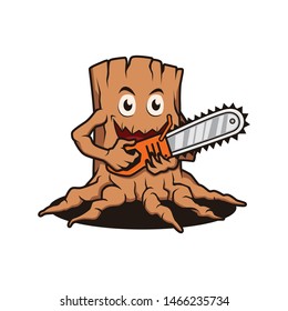 happy cartoon monster tree holding chainsaw