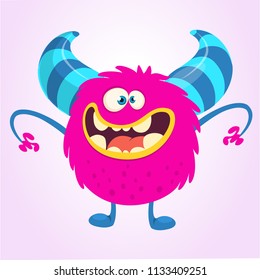 Happy cartoon monster troll. Vector Halloween pink monster character illustration