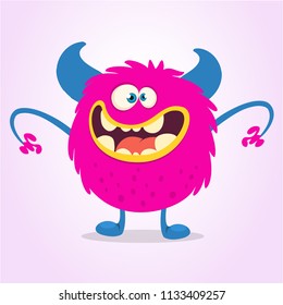 Happy cartoon monster troll. Vector Halloween pink monster character illustration