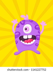 Happy cartoon monster. Vector Halloween lilac furry monster