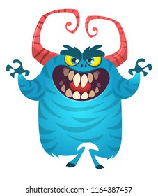 Happy cartoon monster. Vector Halloween blue furry monster