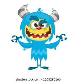 Happy cartoon monster. Vector Halloween blue furry monster yeti or bigfoot