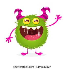 Happy cartoon monster. Vector Halloween green furry monster