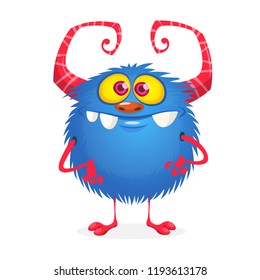 Happy cartoon monster. Vector Halloween blue funny furry monster
