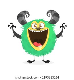 Happy cartoon monster. Vector Halloween green furry monster
