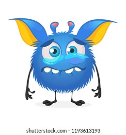 Happy cartoon monster. Vector Halloween blue furry monster crying with tears
