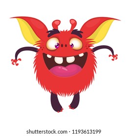 Happy cartoon monster. Vector Halloween red furry monster