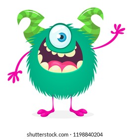 Happy cartoon monster. Vector Halloween one eyed furry monster
