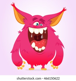 Happy Cartoon Monster. Vector Halloween Pink Furry Monster 