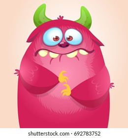 Happy cartoon monster. Vector Halloween pink furry monster