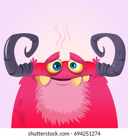 Happy cartoon monster. Vector Halloween pink furry monster