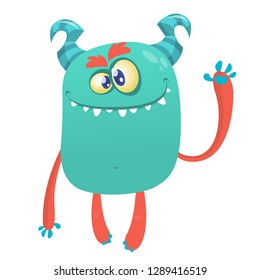 Happy cartoon monster. Vector illustration of excited monster character waving hand
