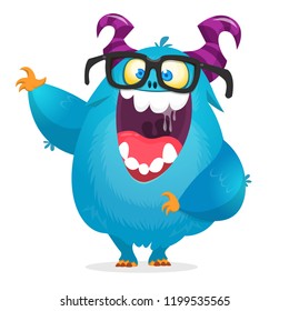 Happy cartoon monster wearing eyeglasses. Halloween vector  monster waving illustration