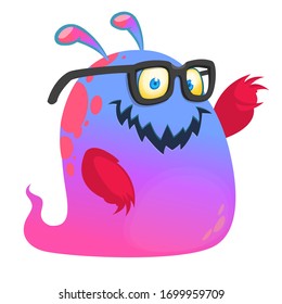 Happy cartoon monster wearing eyeglasses. Vector illustration