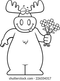 A happy cartoon moose with a bouquet of flowers.