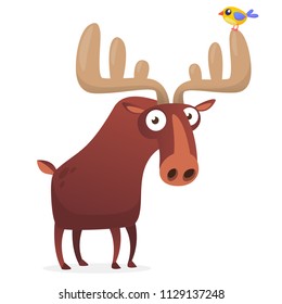 Happy cartoon moose character. Vector moose illustration isolated. 
