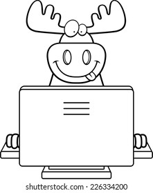 A happy cartoon moose with a computer.