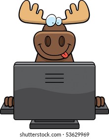 A happy cartoon moose with a computer.