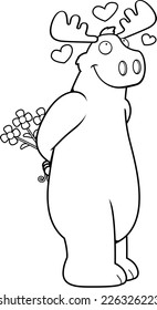 A happy cartoon moose in love and holding flowers.