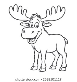 Happy Cartoon Moose Outline Cute Reindeer vector Line Art for Coloring Book