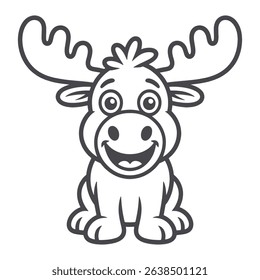 Happy Cartoon Moose Outline Cute Reindeer vector Line Art for Coloring Book