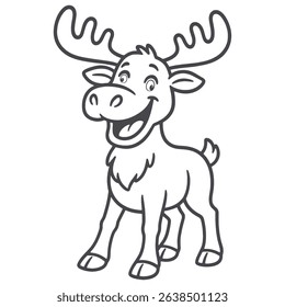 Happy Cartoon Moose Outline Cute Reindeer vector Line Art for Coloring Book