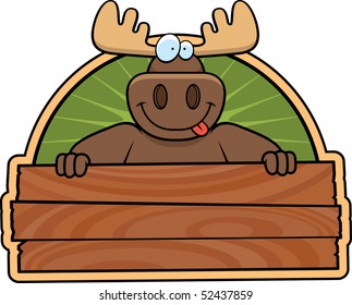 A happy cartoon moose with a wooden sign.