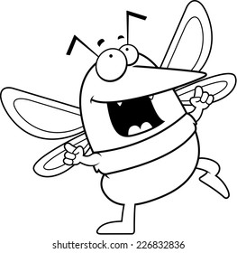 A happy cartoon mosquito dancing and smiling.