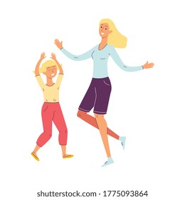 Happy cartoon mother and daughter dancing isolated on white background - little girl and woman jumping with joy and smiling. Flat vector illustration.