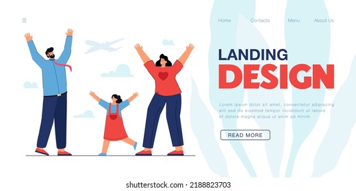 Happy cartoon mother, father and daughter at airport. Family going on vacation together by plane flat vector illustration. Traveling, transportation concept for banner, website design or landing