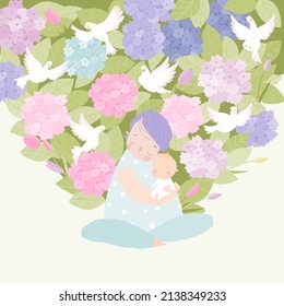 Happy Cartoon Mother hugging Baby in Hydrangea Flowers