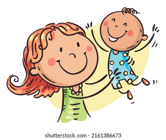 Happy cartoon mother playing with a child