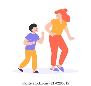 Happy cartoon mother and son dancing together. Woman and boy having party at home flat vector illustration. Family, parenting, leisure, togetherness concept for banner, website design or landing page