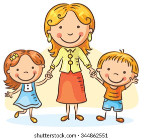 Happy cartoon mother with two children, a boy and a girl, no gradients