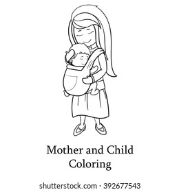 Happy cartoon mothers day characters, mother carrying a child using a handy baby carrier, baby wearing and attachment parenting concept. Vector coloring book illustration. Vector line artwork