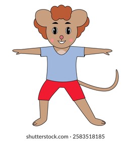 Happy cartoon mouse with curly red hair and red shorts.