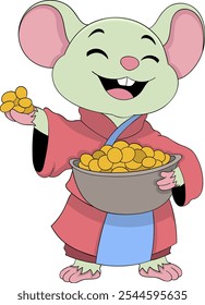 A happy cartoon mouse dressed in traditional attire, joyfully holding a large bowl overflowing with gold coins, symbolizing wealth and generosity