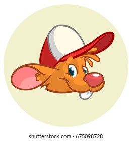 Happy cartoon mouse head. Vector icon of hipster mouse. Design for sticker, icon, logo or emblem